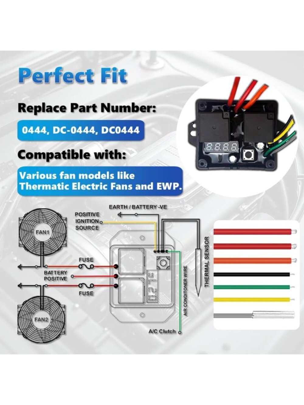 Digital Electric Radiator Fan Controller Kit, Adjustable Temp 104-230°F, LED - Picture 2 of 6